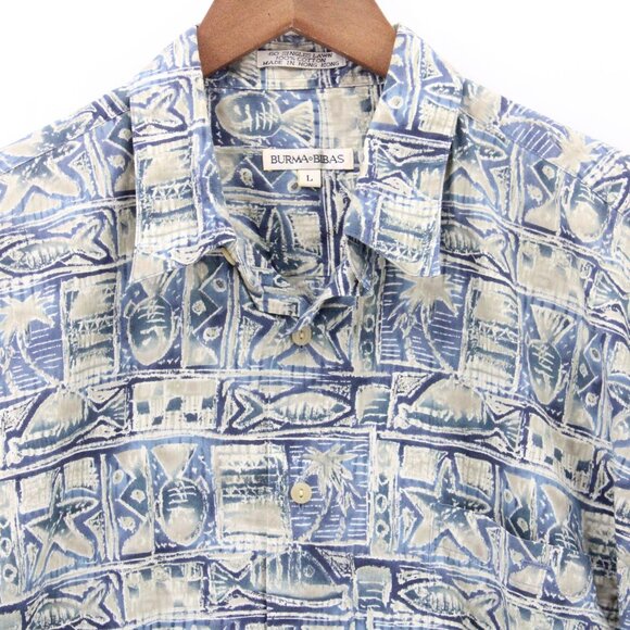 Vintage Burma Bibas Hawaiian Shirt Mens Blue Button Down Fishes Pattern Large L - Picture 5 of 9